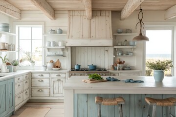coastal kitchen design, ocean-themed beach cottage kitchen with white washed cabinets, and blue accents beach house style banner design