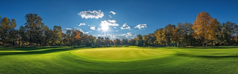 A beautiful golf course landscape with vibrant autumn colors and a clear blue sky during midday