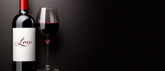  A bottle of wine with 'love' inscription and a glass, against black backdrop