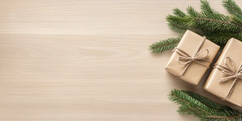 Christmas wooden background with gifts and spruce branches on the edges, space for text