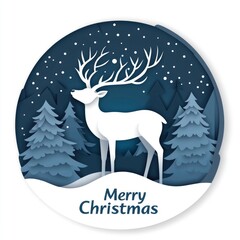 Minimalist paper-cut of a deer in the snow, with the text Merry Christmas on a white background, using a blue and dark grey color scheme.