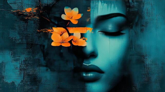   A woman with orange flowers in her hair against a blue background with the letters tsf written below