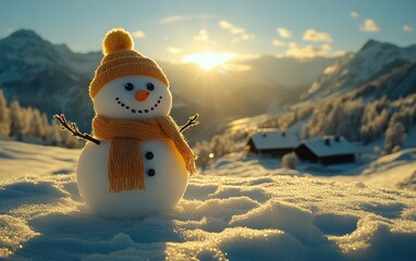Obraz premium A cheerful snowman stands in a snowy field as the sun sets behind distant mountains