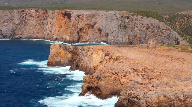 Aerial view on Cala Domestica Beach and landscape around. Sardinia, Italy