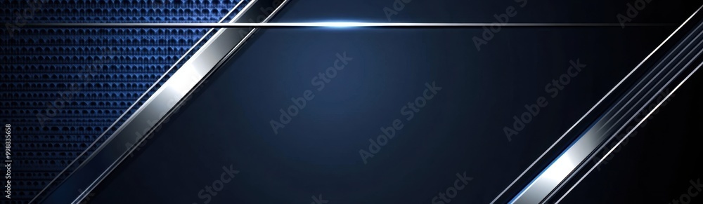 Poster blue background with a silver geometric frame for text, and a white glowing line on a dark blue back