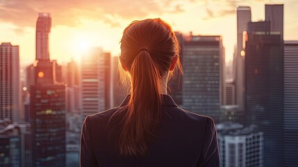 Back view of an executive woman in formal clothing looking at the city skyline with skyscrapers during sunset