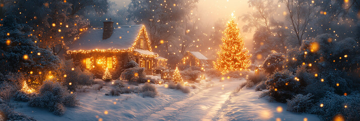 Fototapeta premium Cozy cottage decorated with christmas lights is covered with snow at sunset