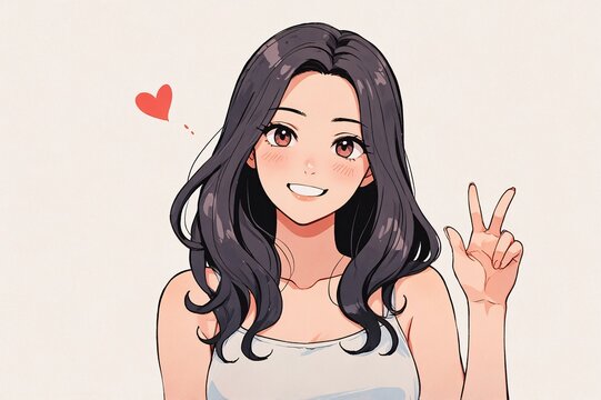 Half-body anime cute smiling woman illustration making a peace hand sign.