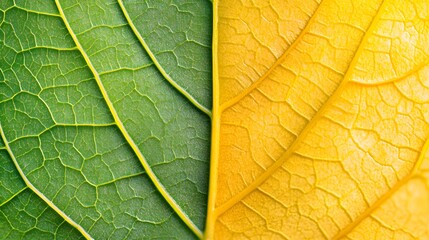 Obraz premium Tree Leaf Close-Up, Half Green, Half Yellow, Photo Realistic, Texture, Pattern Background, Wallpaper, Cover and Screen for Smartphone, PC, Laptop, 9:16 and 16:9 Format