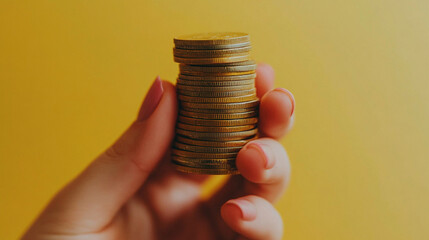 
hand holding stack of coins, yellow background