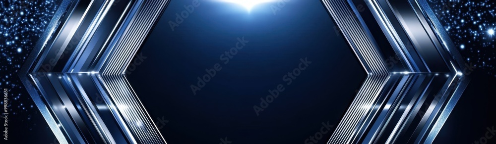 Poster blue background with a silver octagonal frame and stripes on each side, dark blue background with a 