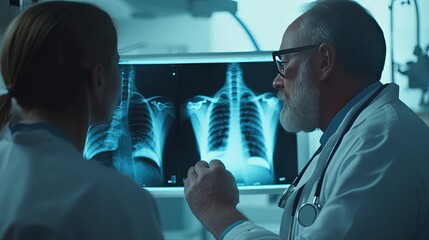 Doctors collaborating in a hospital setting, analyzing chest X-rays for disease diagnosis, emphasizing the importance of health and medicine.