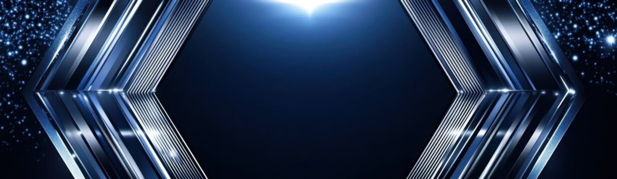 Blue background with a silver octagonal frame and stripes on each side, dark blue background with a white light effect, geometric shapes Generative AI