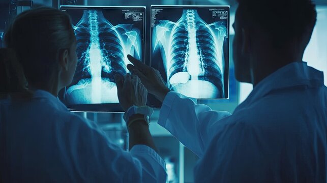 Doctors collaborating in a hospital setting, analyzing chest X-rays for disease diagnosis, emphasizing the importance of health and medicine.