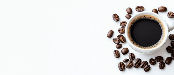Obraz premium A cup of coffee against a backdrop of roasted beans on a pristine white background Insert your message here ..Or, if you'd