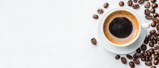 Fototapeta premium Cup of coffee on a saucer, surrounded by coffee beans White background Top view Ample space for text or design elements
