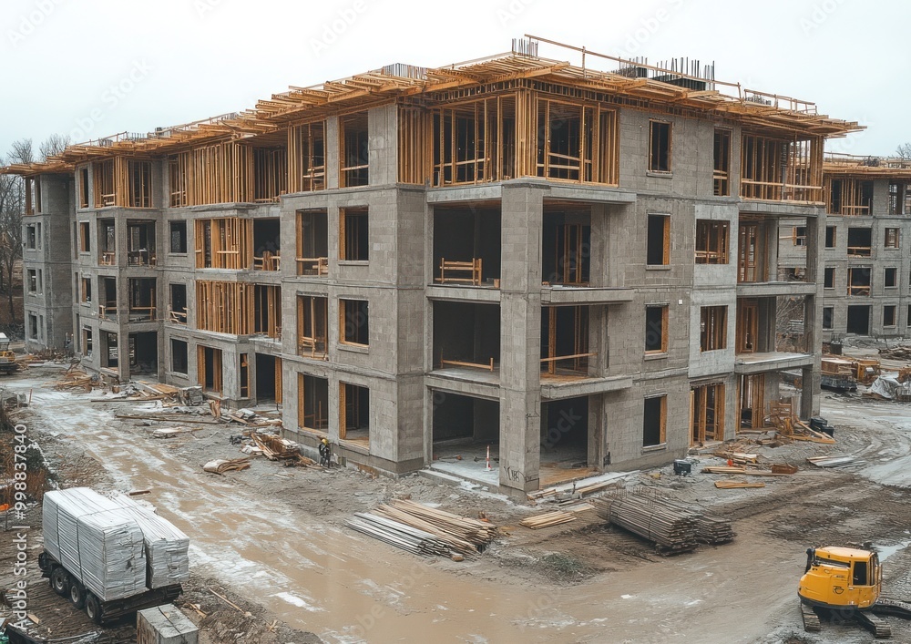 Poster workers actively construct multi-story buildings in a busy area