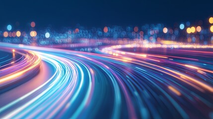 Colorful light trails on blue backdrop symbolizing vast data flow via optical fiber technology.
