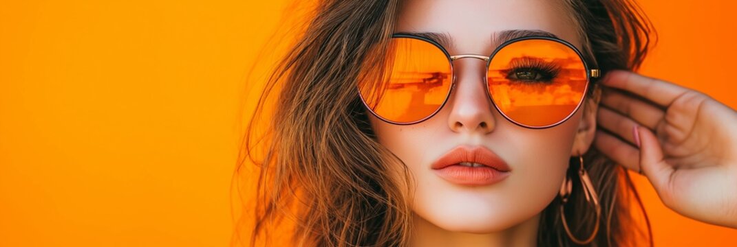 A stylish woman in orange sunglasses stands before a bright orange wall.