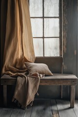 A rustic wooden bench with a cushion sits beside a large window with draped curtains, creating a cozy ambiance.
