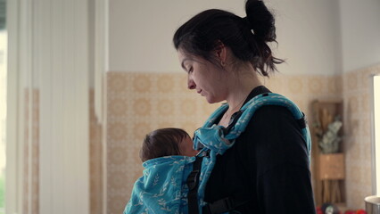 Mother wearing a baby carrier in the kitchen, holding her baby close while standing with a pensive...