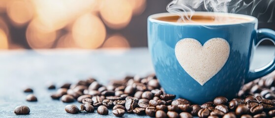  A cup of coffee with a heart drawing, encircled by coffee beans and ascending steam