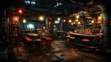 A dimly lit, rustic bar in a post-apocalyptic setting