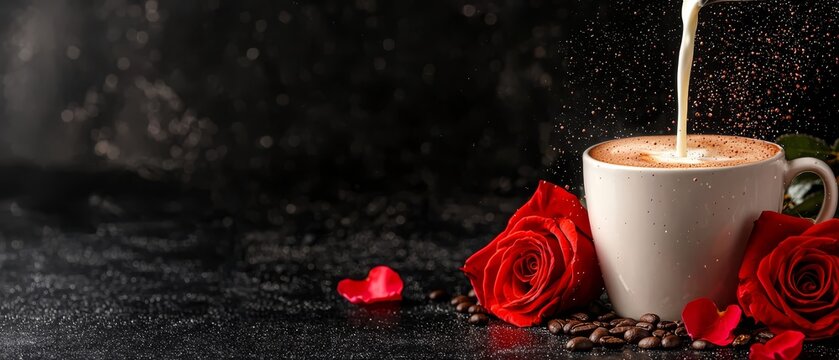 A cup pouring into another, both filled with coffee against a backdrop of coffee beans and red roses, on black