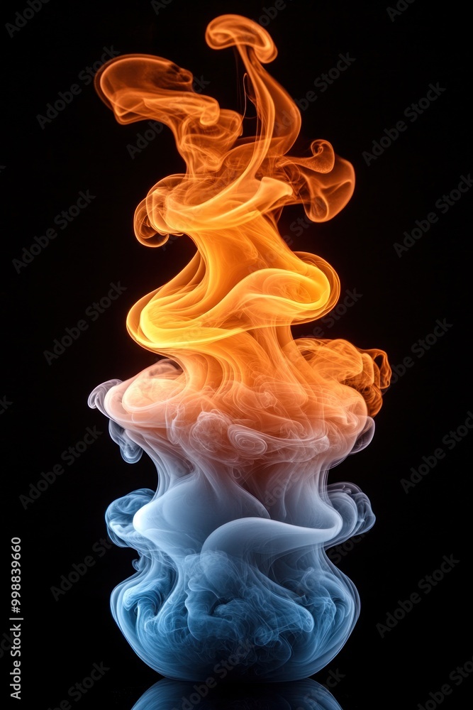 Poster swirling orange and blue smoke forms intricate patterns, creating a striking visual effect