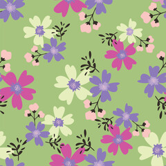 Seamless floral pattern, elegant ditsy print, abstract ornament with green blooming field in retro motif. Pretty botanical design: small hand drawn wild flowers, grass, leaves. Vector illustration.