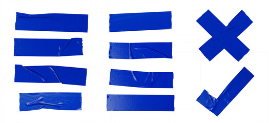 Blue adhesive sticky tapes in various shape cutout in transparent background.