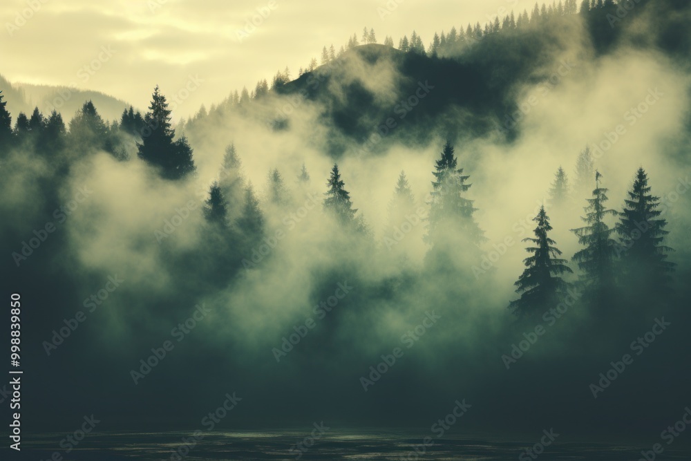 Aufkleber soft fog drapes over evergreen trees in a tranquil forest at dawn, creating a serene atmosphere