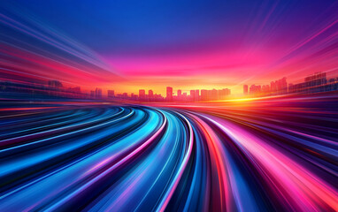 Obraz premium A vibrant, futuristic city illuminated by neon lights, with a speeding car leaving light trails, symbolizing technology, urban life, and fast-paced progress. 