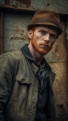 Fototapeta premium Young Caucasian man with short red hair and beard, wearing green military-style jacket, standing in front of weathered concrete wall