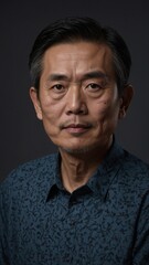 Obraz premium Middle-aged Asian man with short black hair and serious expression, wearing blue patterned shirt against dark background