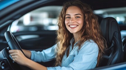 Dealership automobile, happy young woman sitting in new a car after purchase