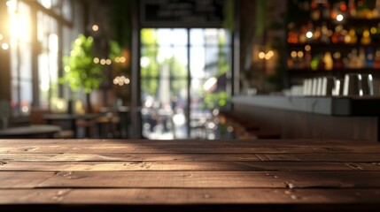 Wooden Table In A Cozy Cafe With Blurred Background