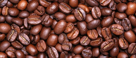  A large pile of coffee beans, brown with stripes at their ends