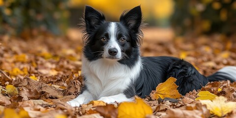 Obraz premium A dog enjoys a calm moment lying on fallen leaves surrounded by autumn colors
