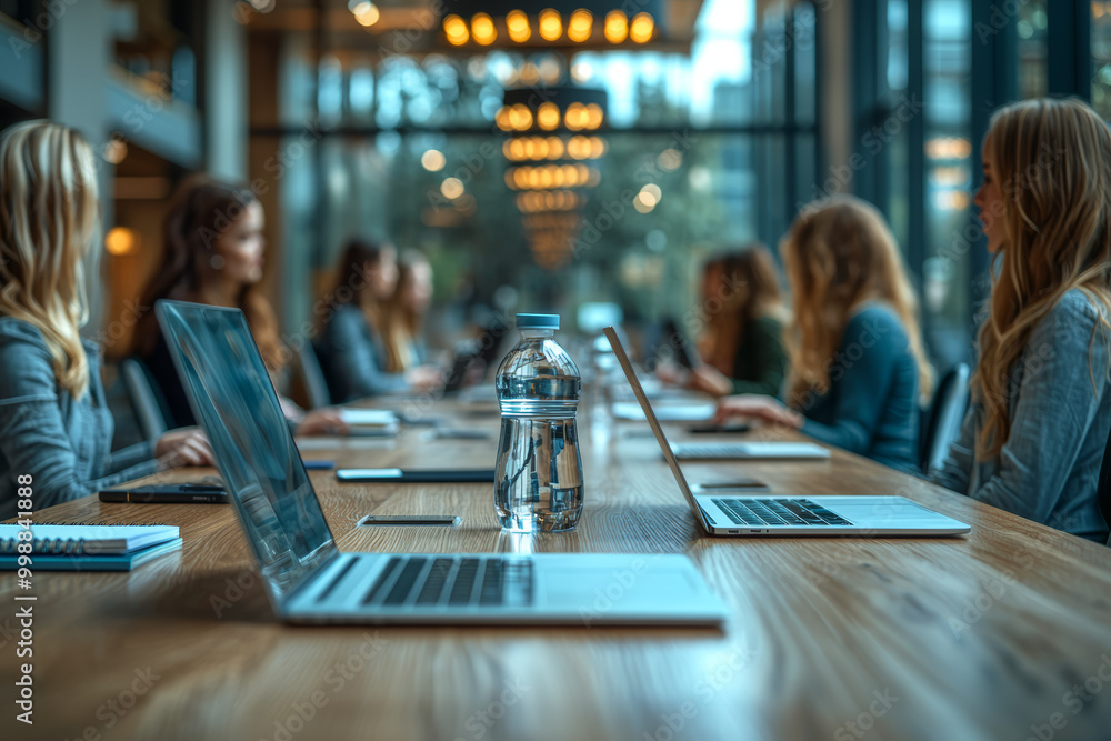 Poster a team of professionals sitting around a minimalist conference table, with laptops and notebooks ope