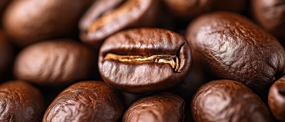  A mound of roasted coffee beans, one with a nibbled hole in a single bean