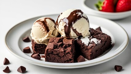  Indulgence on a plate  Chocolate cake and ice cream with chocolate drizzle