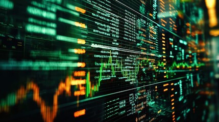 Naklejka premium A futuristic stock exchange where AI algorithms predict market trends, featuring data visualizations of green and red stock prices fluctuating dynamically
