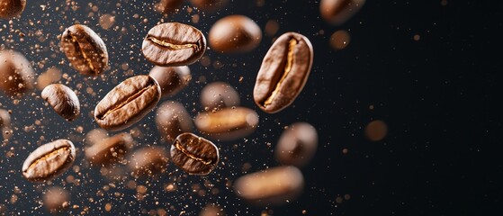 Obraz premium A cluster of coffee beans in mid-air, some escaping from the top on a black backdrop