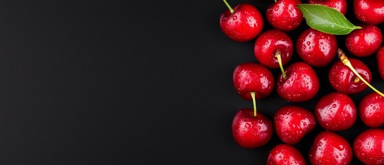  A single cherry with a green leaf on top, surrounded by other cherries against a black backdrop