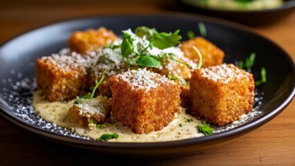  Deliciously seasoned bread cubes on a plate