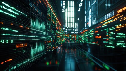 Fototapeta premium A futuristic stock exchange where AI algorithms predict market trends, featuring data visualizations of green and red stock prices fluctuating dynamically