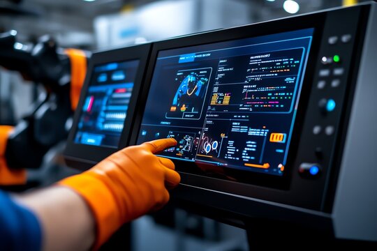 Factory control system with touch-screen displays monitoring machinery status, production efficiency, and automated robotic tasks