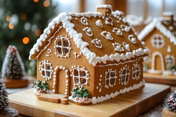 A beautifully crafted gingerbread house adorned with icing and festive decorations
