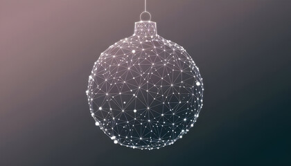 Abstract Christmas tree decoration in a technological futuristic style on a gradient monochrome background. Low poly wireframe noel bauble for card and poster design. Xmas ball toy with connected dots